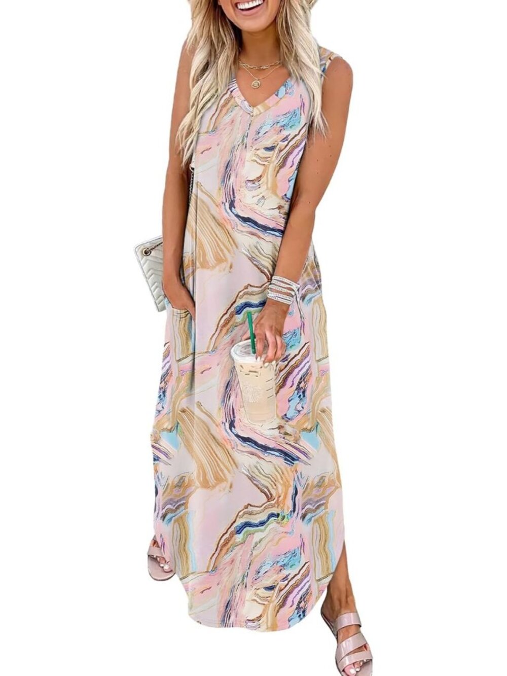 Women's Floral Pink Oil Painting Summer Maxi Dress Beach Sundress with Pocket